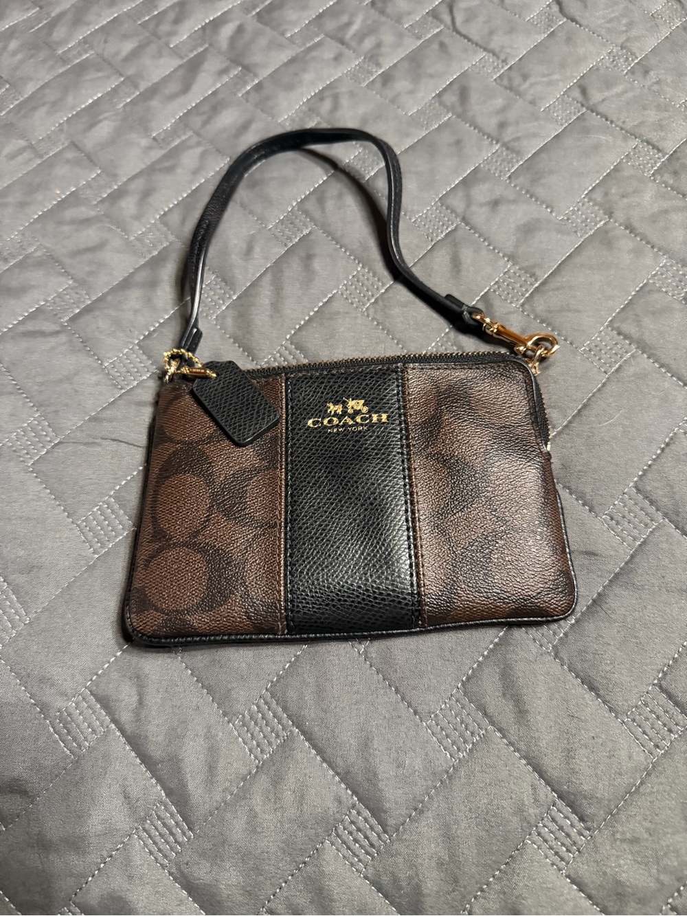 Coach Brown Signature Canvas Wristlet with Black Leather Stripe